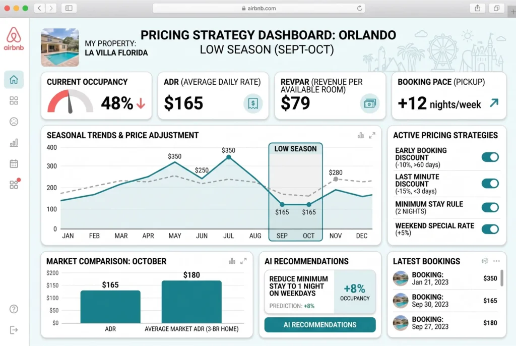 Airbnb pricing strategy dashboard for Orlando vacation rental during low season September October.