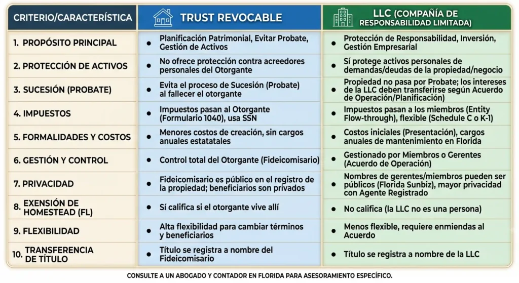 Tabla comparativa entre trust revocable y LLC en Florida para inversores extranjeros.