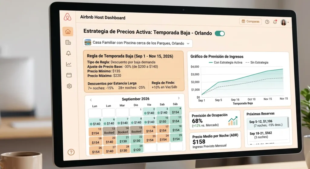 Panel de host en Airbnb con estrategia de precios activa para temporada baja en Orlando.