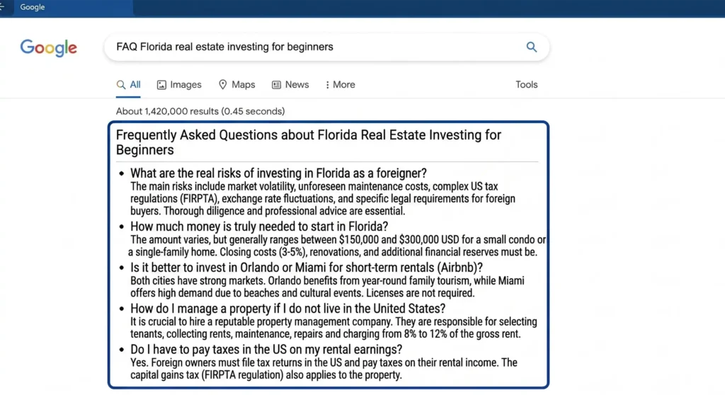 Google search results showing FAQ about Florida real estate investing for foreign buyers.