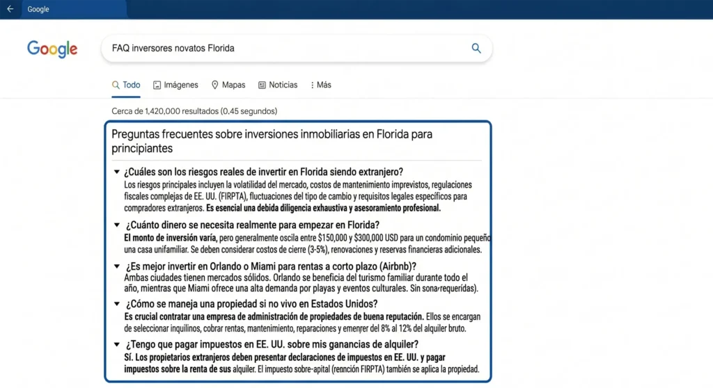 Captura de Google con preguntas frecuentes sobre invertir en Florida para extranjero.
