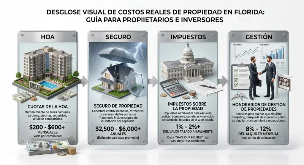 Infografía de costos reales de propiedad en Florida: HOA, seguro e impuestos.