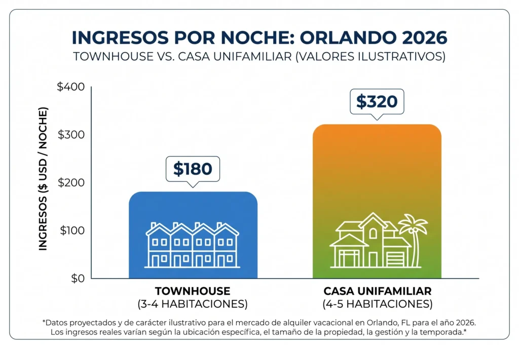 Gráfica comparativa de ingresos por noche en Orlando: townhouse a $180 vs casa unifamiliar a $320.