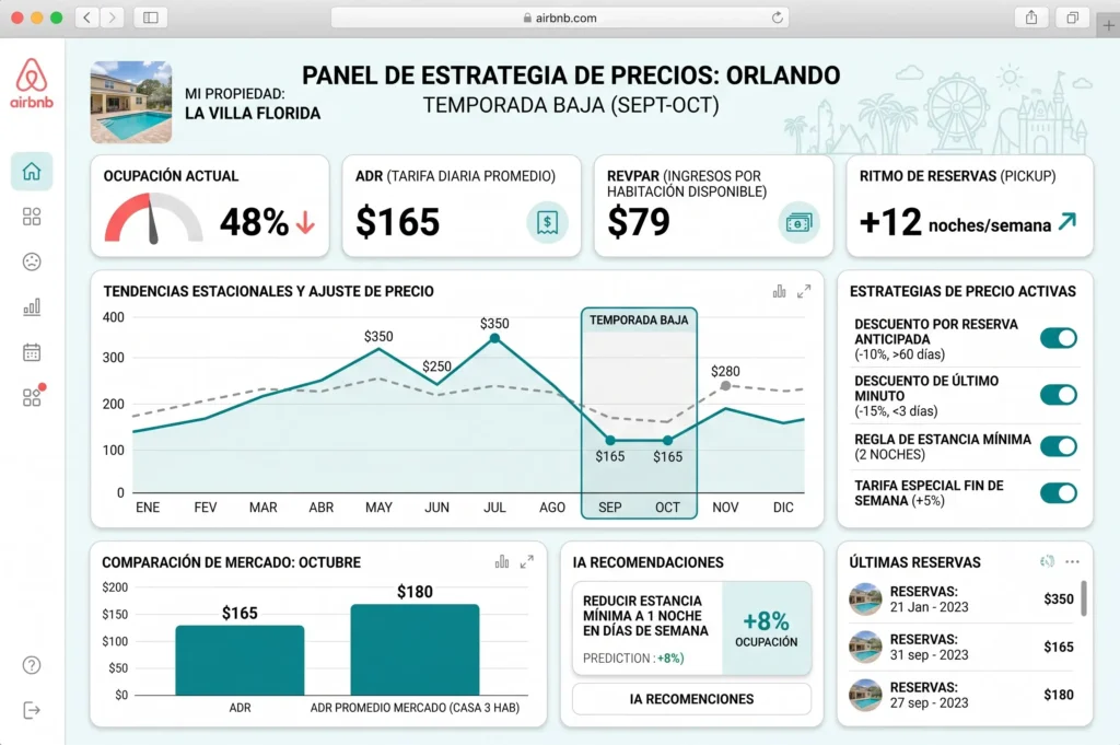 Panel de estrategia de precios Airbnb en Orlando durante temporada baja septiembre octubre.