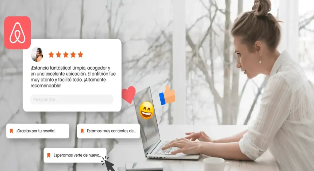 Anfitriona respondiendo reseña de cinco estrellas en Airbnb para propiedad vacacional en Orlando