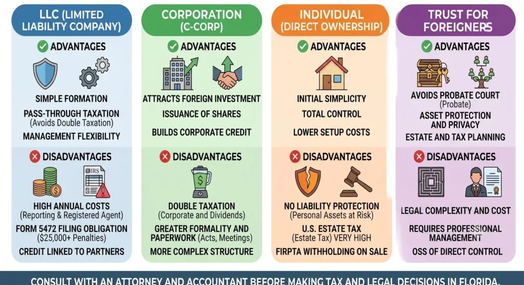 Comparison table between revocable trust and LLC in Florida for foreign investors.
