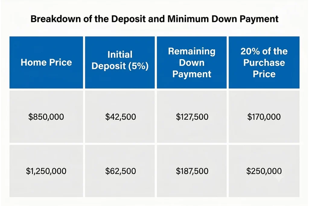 Table showing deposit and minimum down payment breakdown for Florida home purchases.