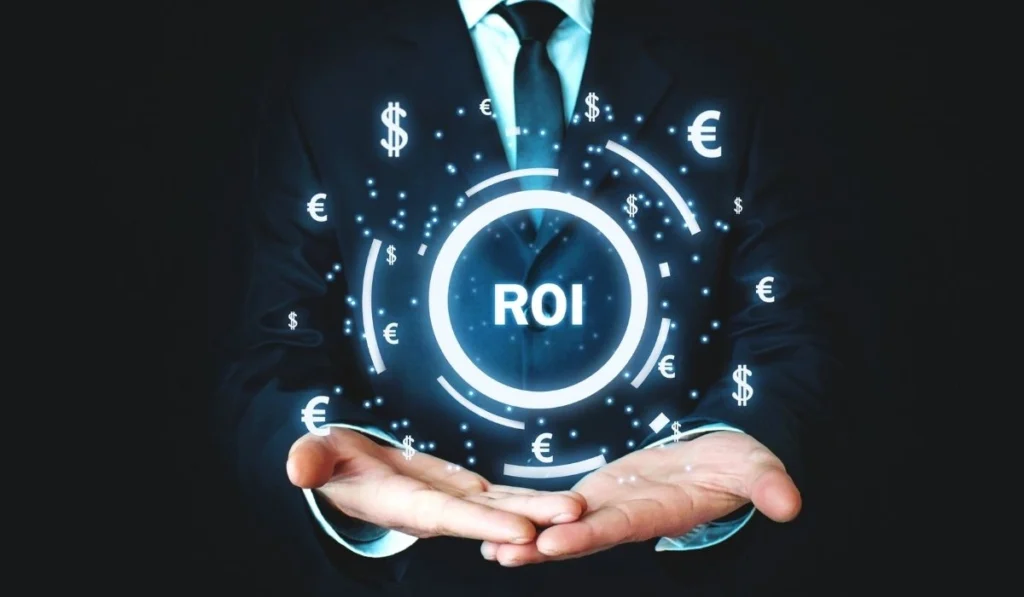 Businessman holds digital ROI icon surrounded by dollar and euro symbols.
