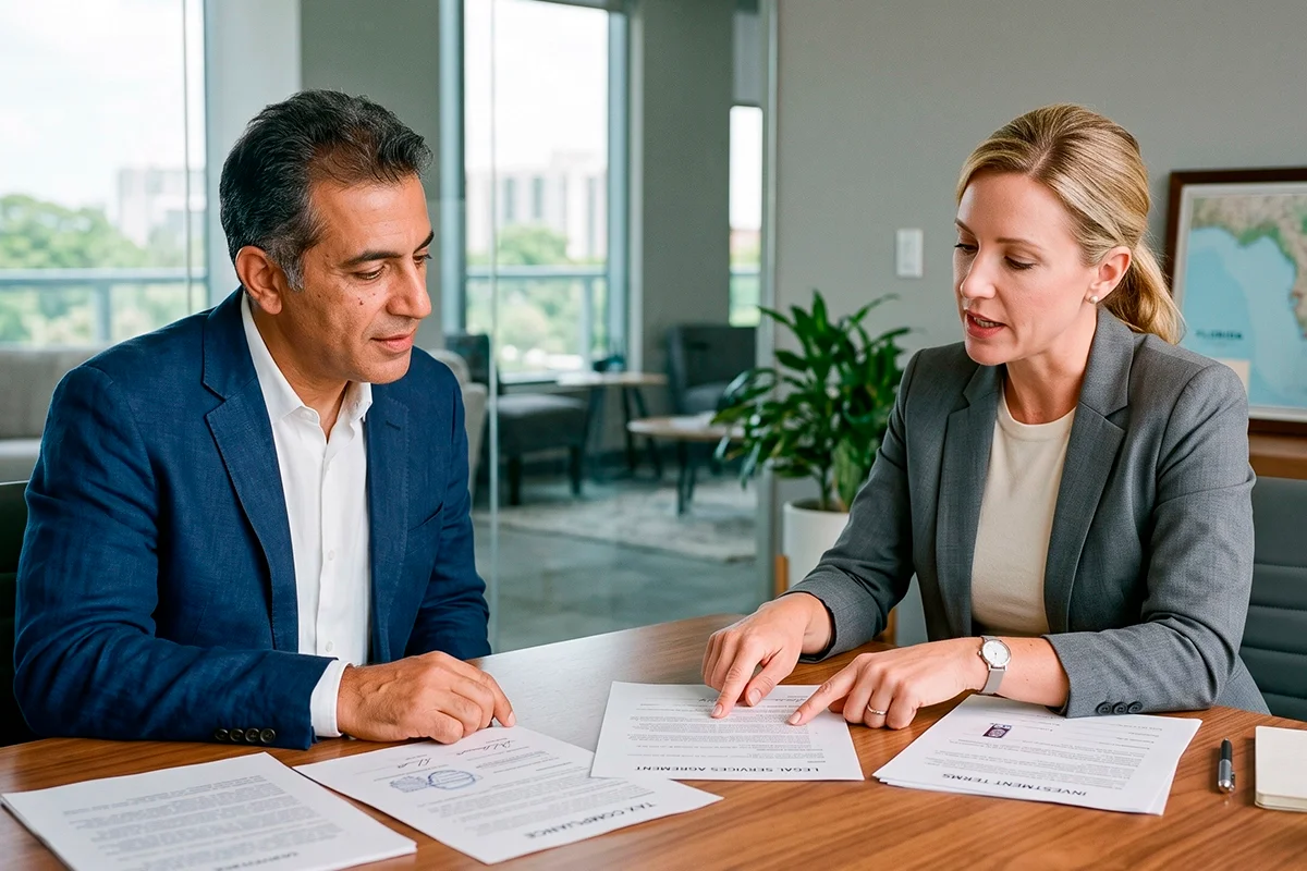 Abogada asesorando a inversionista extranjero sobre temas legales y fiscales en Florida.