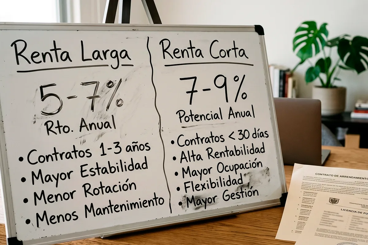 Pizarra comparativa de rendimiento anual y ventajas entre renta larga y renta corta en Florida.