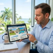 Asesor inmobiliario mostrando un análisis comparativo entre renta corta y renta larga para inversión en propiedades en Florida.