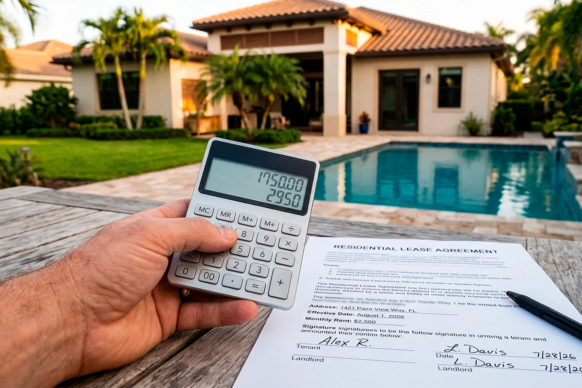 A Florida property owner calculates the cash flow from his property using a calculator and a lease agreement to apply for a DSCR loan for foreign buyers