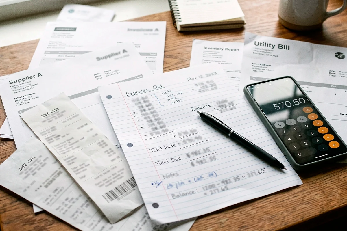 Desk with expense sheets and bills for calculating Florida documentary stamps and mortgage taxes.