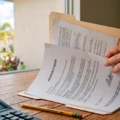 Hand with property deed and calculator for foreign national mortgage closing costs in Florida.