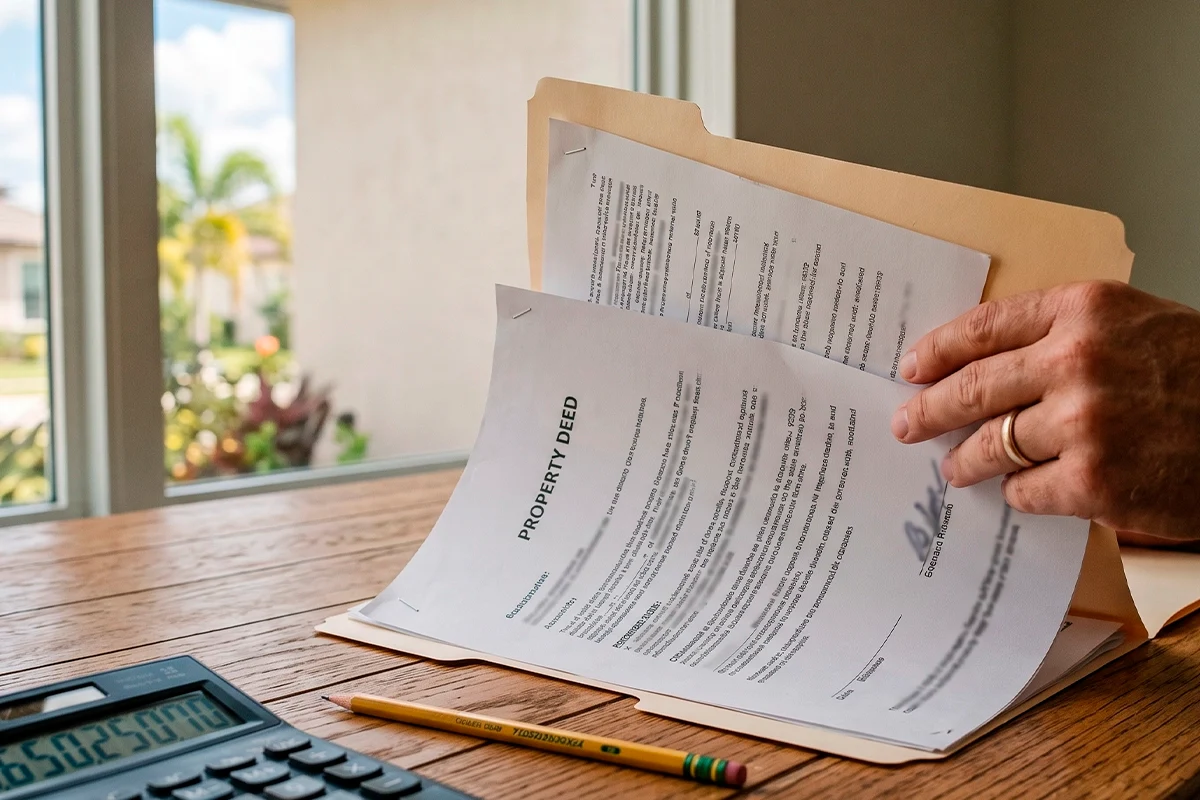 Hand with property deed and calculator for foreign national mortgage closing costs in Florida.