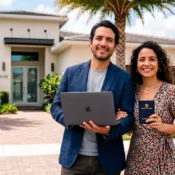 Colombian couple with passport and laptop in front of their new Florida home.