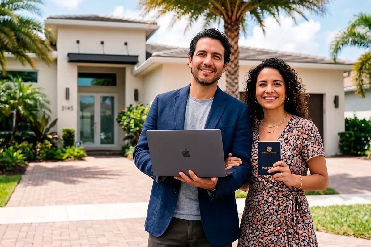 Colombian couple with passport and laptop in front of their new Florida home.