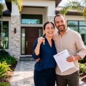 Happy couple showing the keys to their new Florida home after signing a purchase contract financed as foreigners.