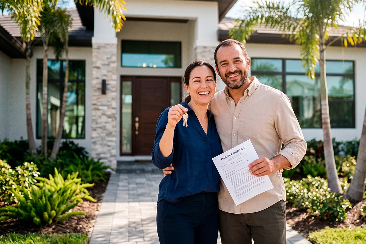 Happy couple showing the keys to their new Florida home after signing a purchase contract financed as foreigners.