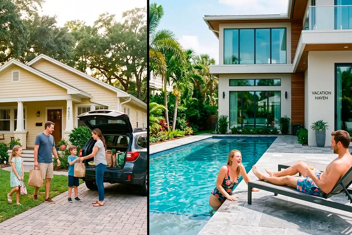 Comparación de renta residencial a largo plazo y alquiler vacacional gestionados en Florida.