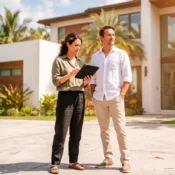 Real estate agent showing a tablet to a foreign client looking for a DSCR loan for a property in Florida.