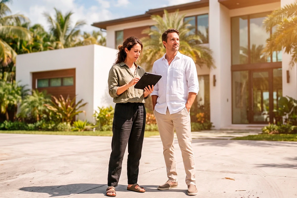 Real estate agent showing a tablet to a foreign client looking for a DSCR loan for a property in Florida.
