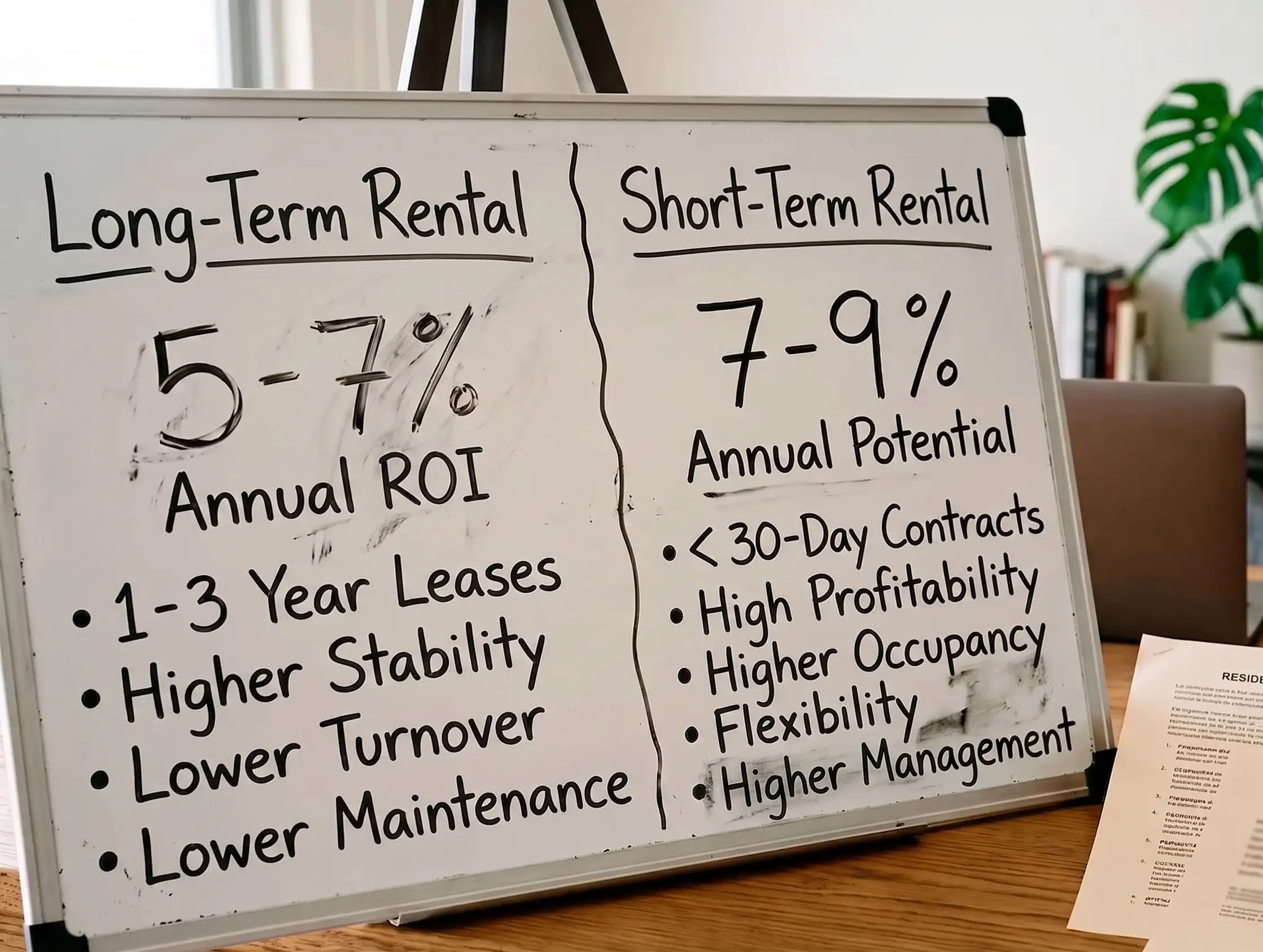 Whiteboard comparing annual ROI and features of long-term vs short-term rentals in Florida.