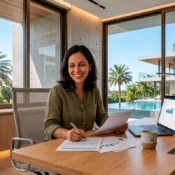 Mujer en oficina de lujo en Florida revisando documentos financieros para refinanciamiento de extranjeros.