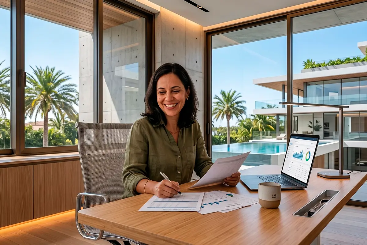 Mujer en oficina de lujo en Florida revisando documentos financieros para refinanciamiento de extranjeros.
