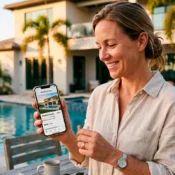 Mujer mostrando una reserva de Airbnb en su móvil frente a una propiedad de renta vacacional en Florida.