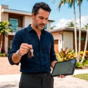 Inversor analizando rentabilidad de alquileres en Florida con llaves y datos en tableta.