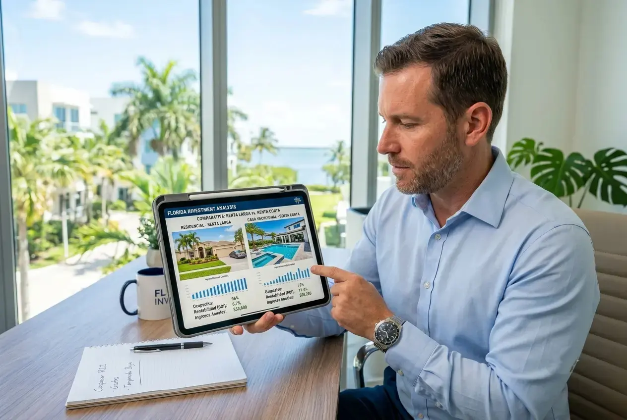 Real estate advisor presenting a comparative investment analysis between short-term and long-term rentals in Florida.