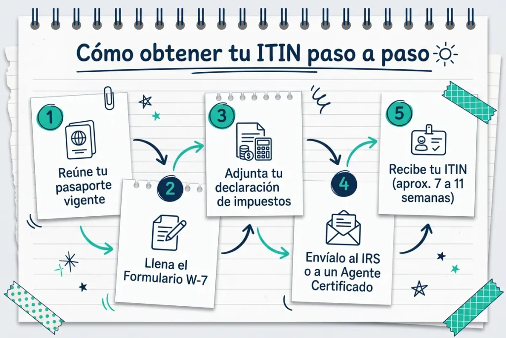Infografía interactiva que detalla los 5 pasos para obtener el ITIN: reunir pasaporte, llenar formulario W-7, adjuntar declaración de impuestos, enviarlo al IRS y recibir la confirmación.