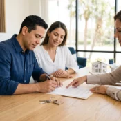 Pareja firmando un contrato de seguro de título en Florida junto a una agente inmobiliaria en una oficina.