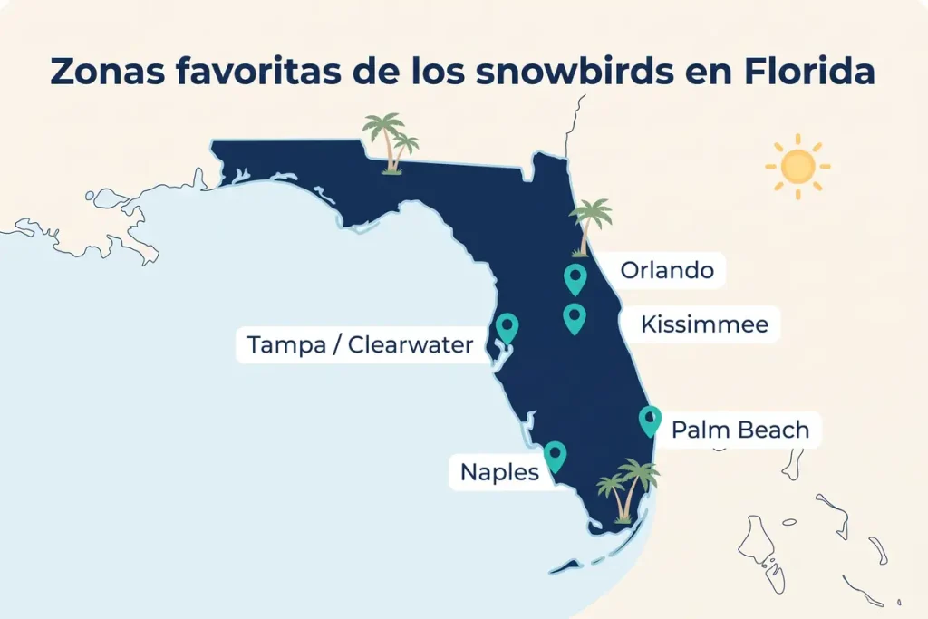 Map of Florida highlighting popular snowbird destinations to buy a second home, including Tampa, Clearwater, Orlando, Kissimmee, Naples, and Palm Beach.